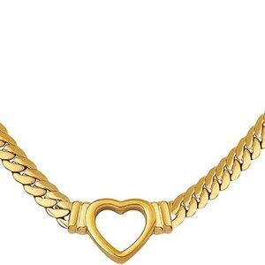Flat Cuban Link Chunky Chain Necklace Gold Stainless Steel Hollow Heart Charms C